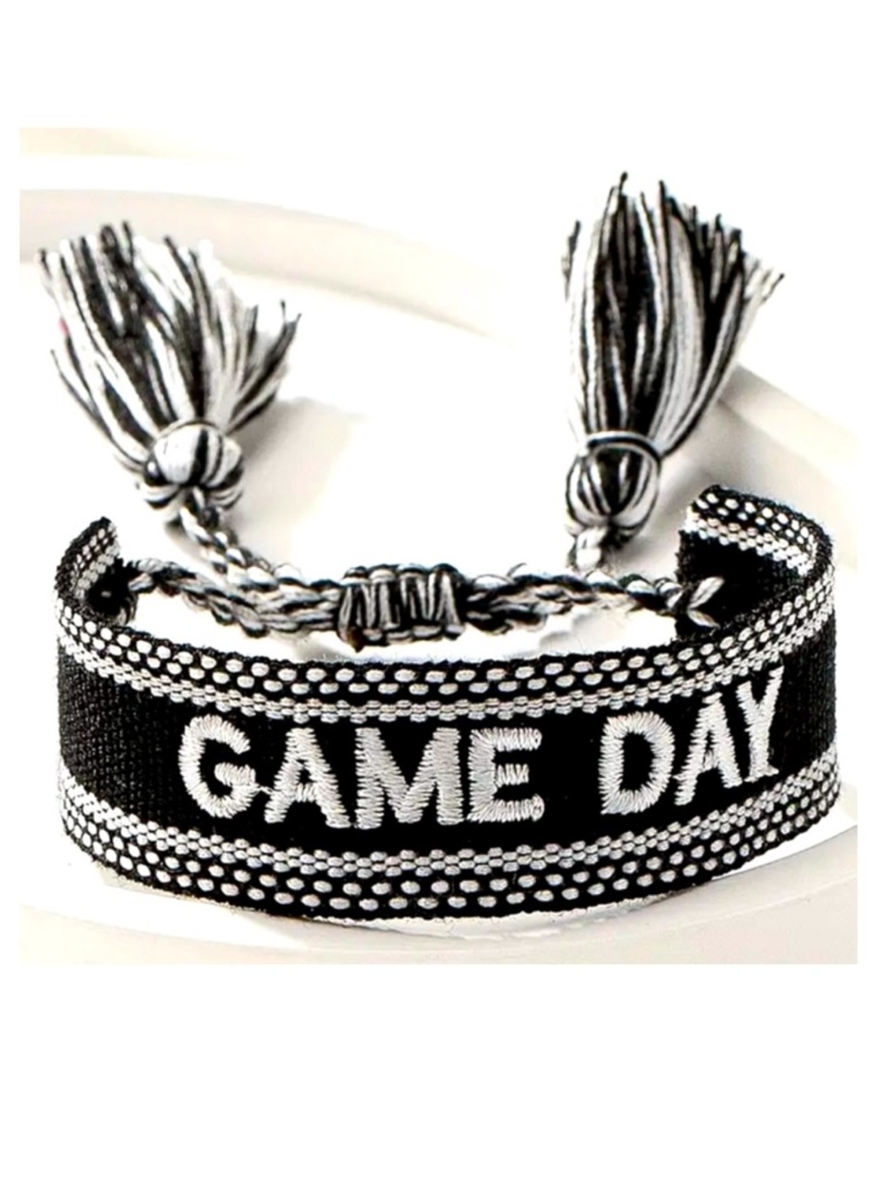 Game Day Black and White Woven Tassel Friendship Bracelet